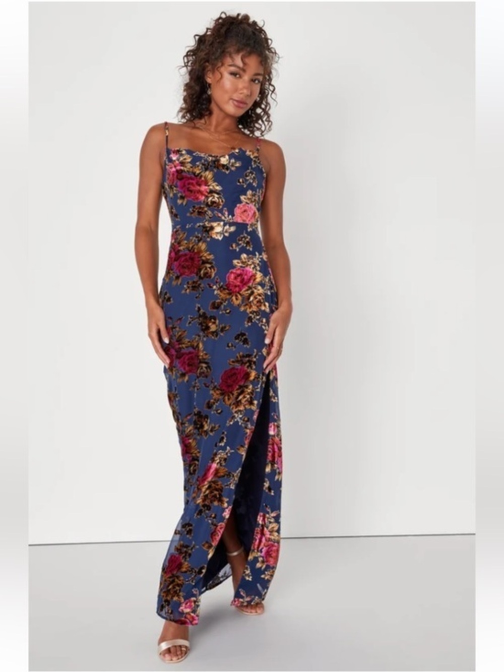 NWT Lulus Chic Romantic Navy Blue Burnout Velvet Floral Cowl Neck Dress
